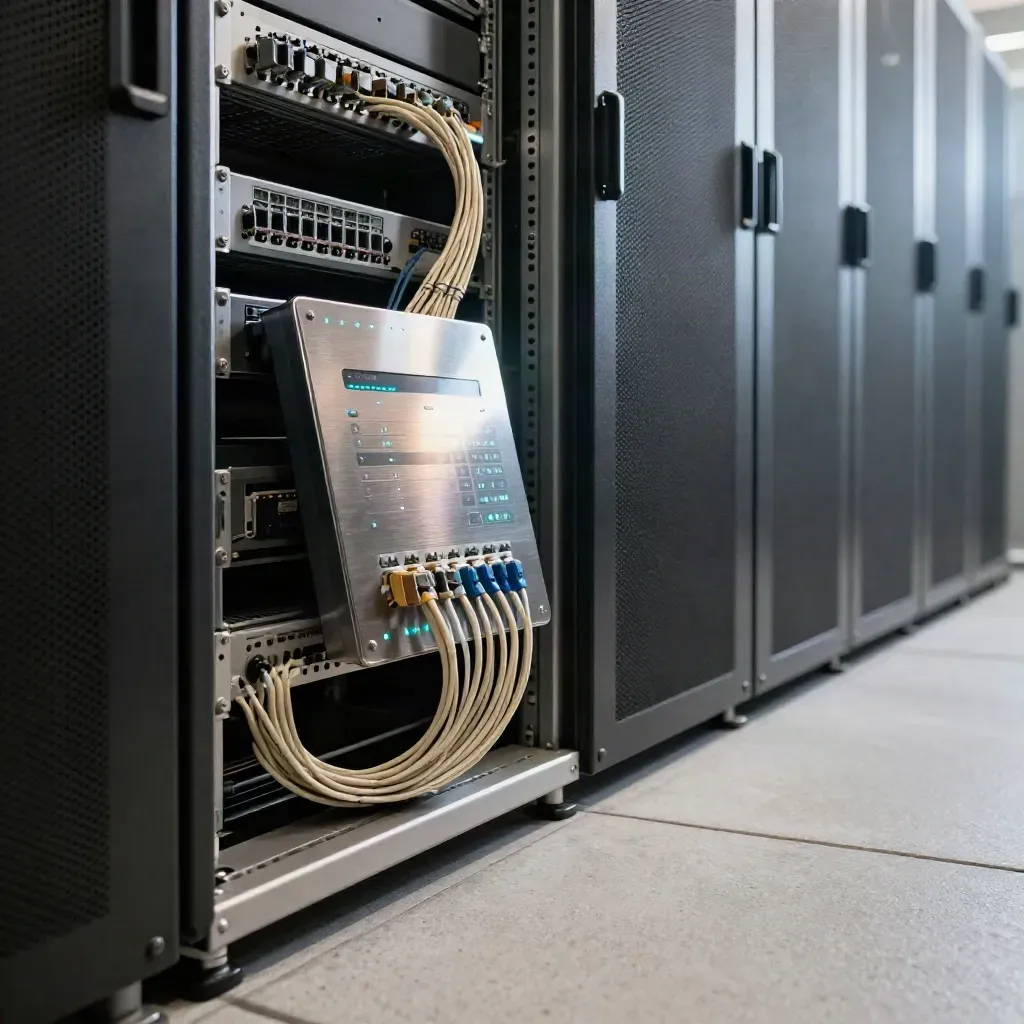 Quantum test console and fibre patching in a moody server corridor with cyan status glow