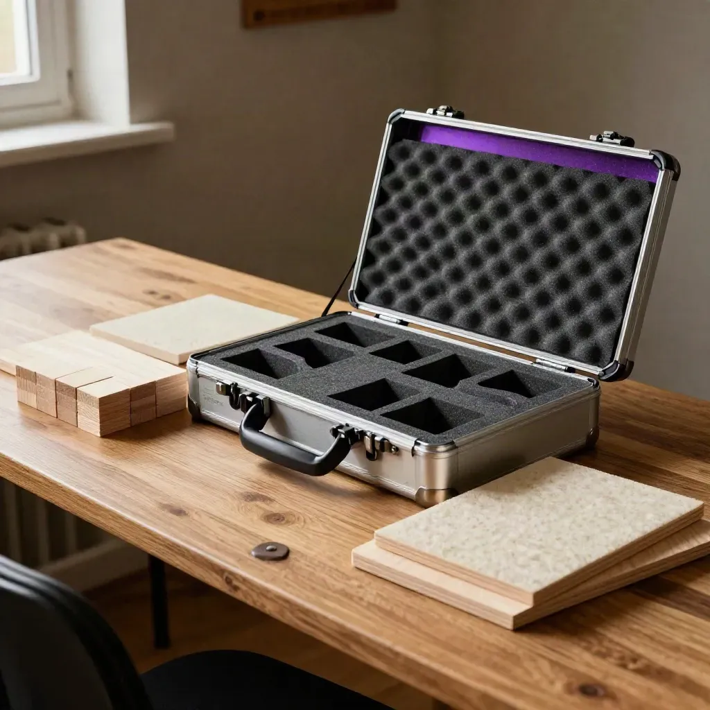 Opened quantum training kit with demo blocks, sample case, and acoustic panels on an oak counter.