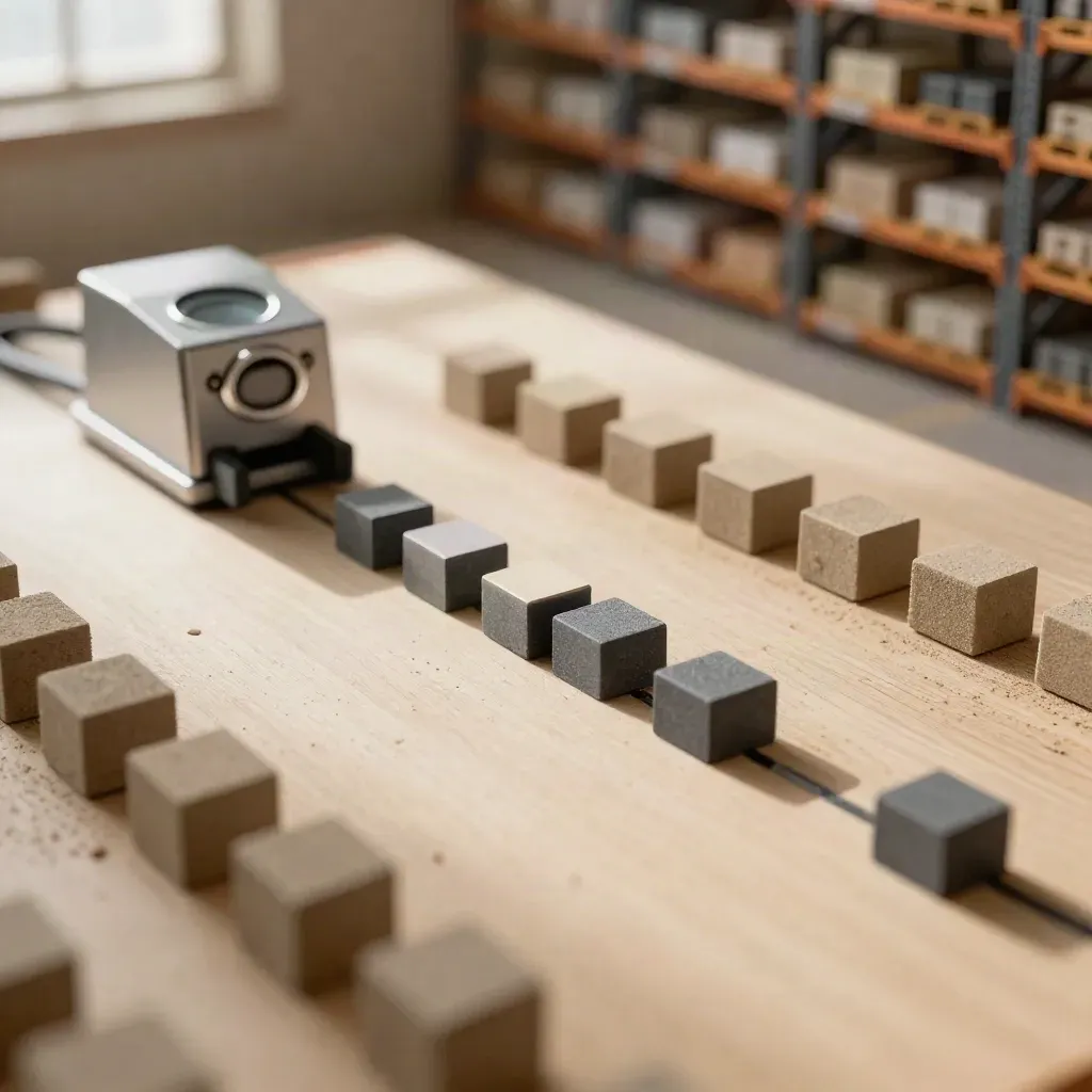 Macro of warehouse route blocks, cargo cubes, and a quiet control unit on a planning surface.