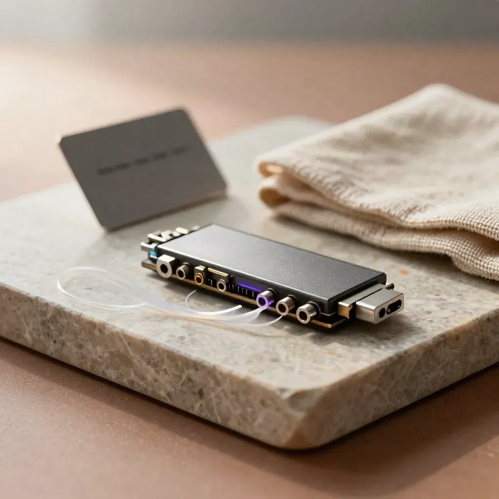 Chip carrier, adapter block and translucent lead on a stone tray with cool violet lab light.